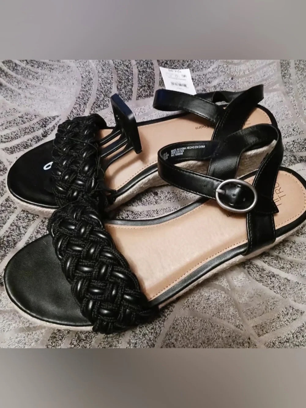 Time and Tru Black Braided Front Ankle-Strap Wedge Sandals